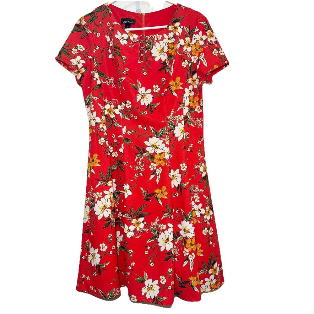 ALYX Red Floral Fit Flare Dress Size 14 Gold Ring Neck Stretch Skater